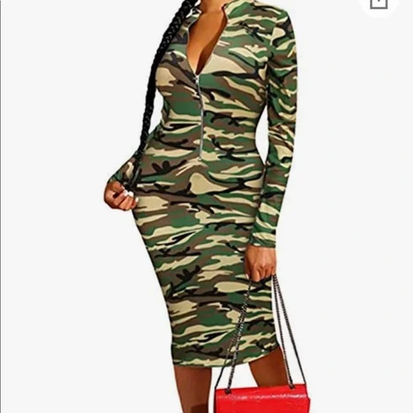 🎉3 For $20 Or $8 Each Camo Printed Zipper Neck Knit Bodycon Midi Dresses - Picture 7 of 9
